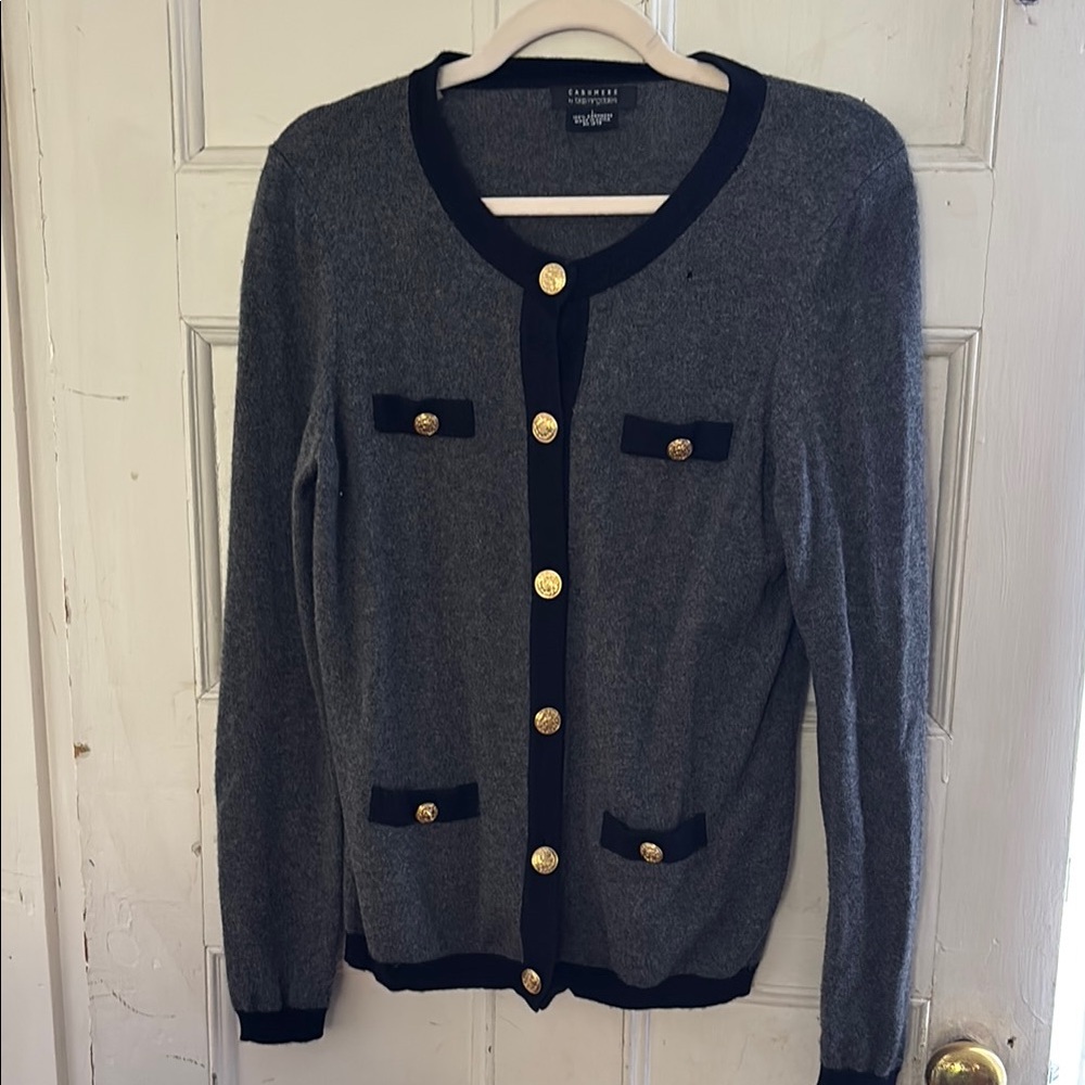 Gray and Black Cardigan with Gold Buttons